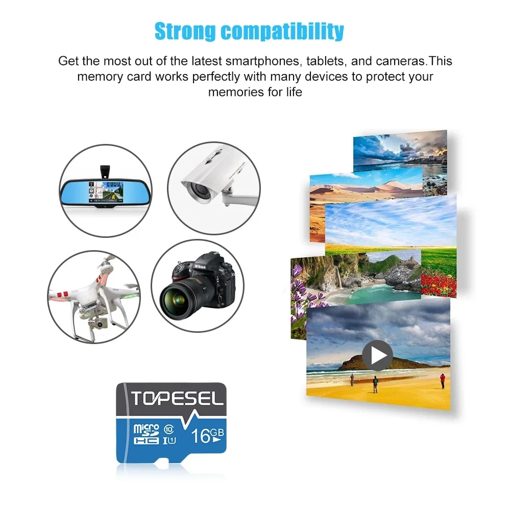 Topesel Micro SD Card with Adapter,10 Pack/16Gb,Class 10 UHS-I High Speed TF Card Memory Card for Phone/Camera-Blue