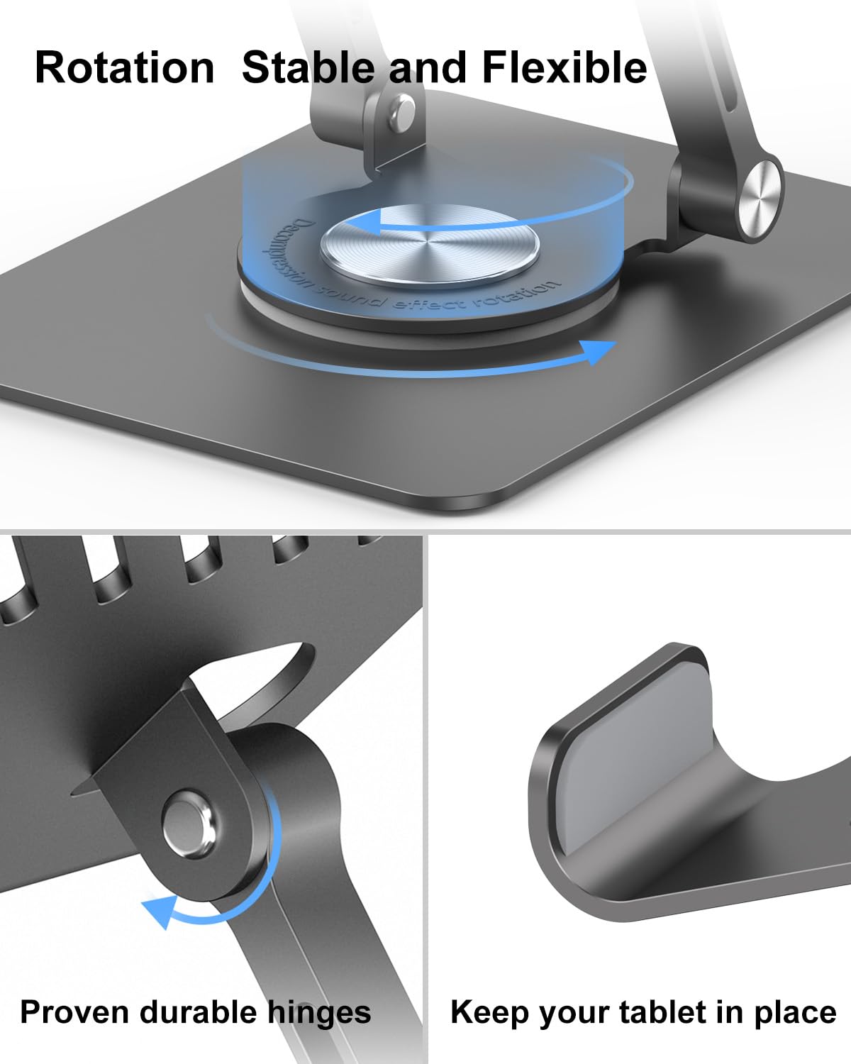 Swivel Tablet Stand with 360 Rotating Base, Adjustable & Foldable Tablet Holder, Compatible with iPad/Pro/Air/Mini, Tablets, iPhone 15 Pro, Switch and More 4.7"-12.9", Black/Silver