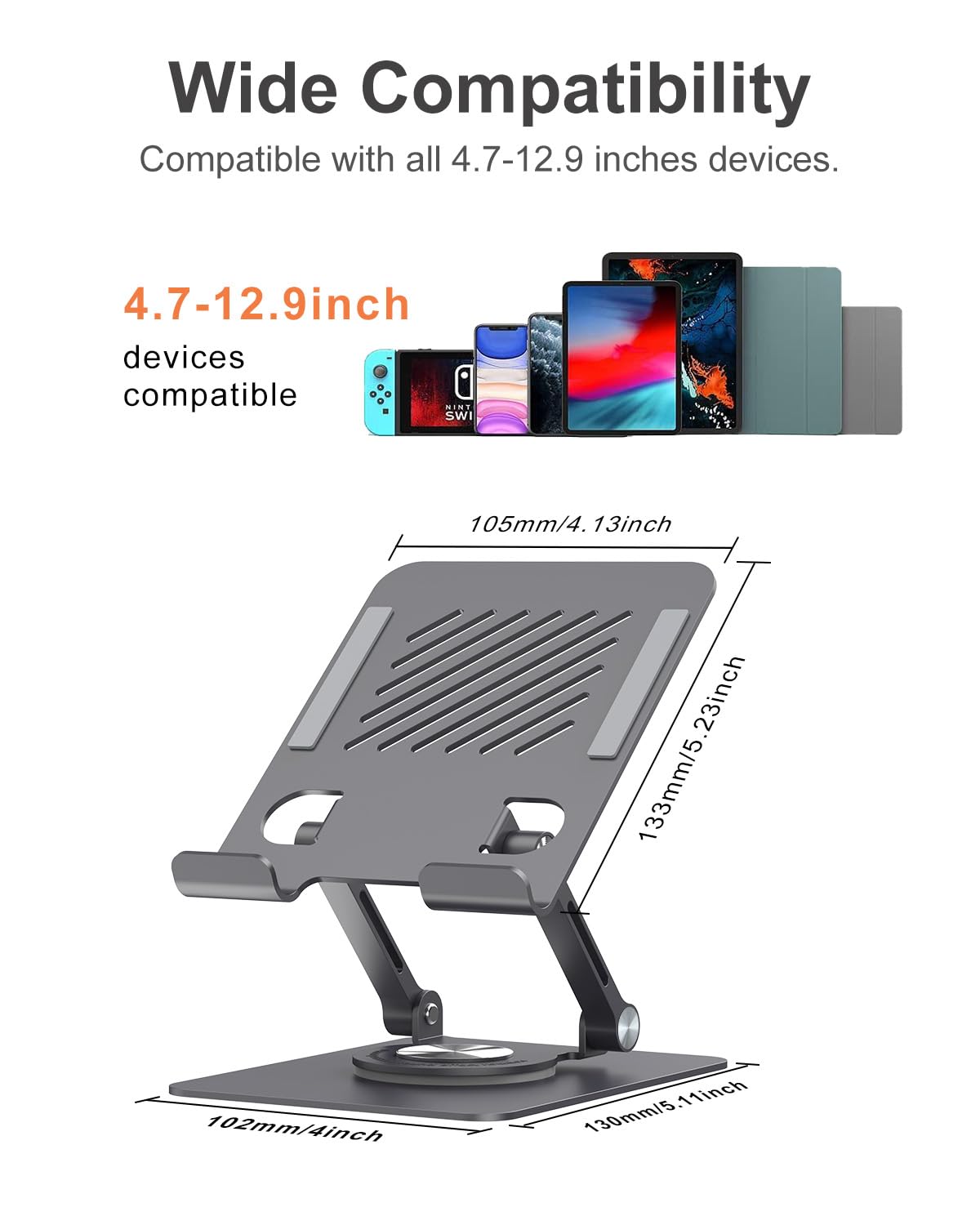 Swivel Tablet Stand with 360 Rotating Base, Adjustable & Foldable Tablet Holder, Compatible with iPad/Pro/Air/Mini, Tablets, iPhone 15 Pro, Switch and More 4.7"-12.9", Black/Silver