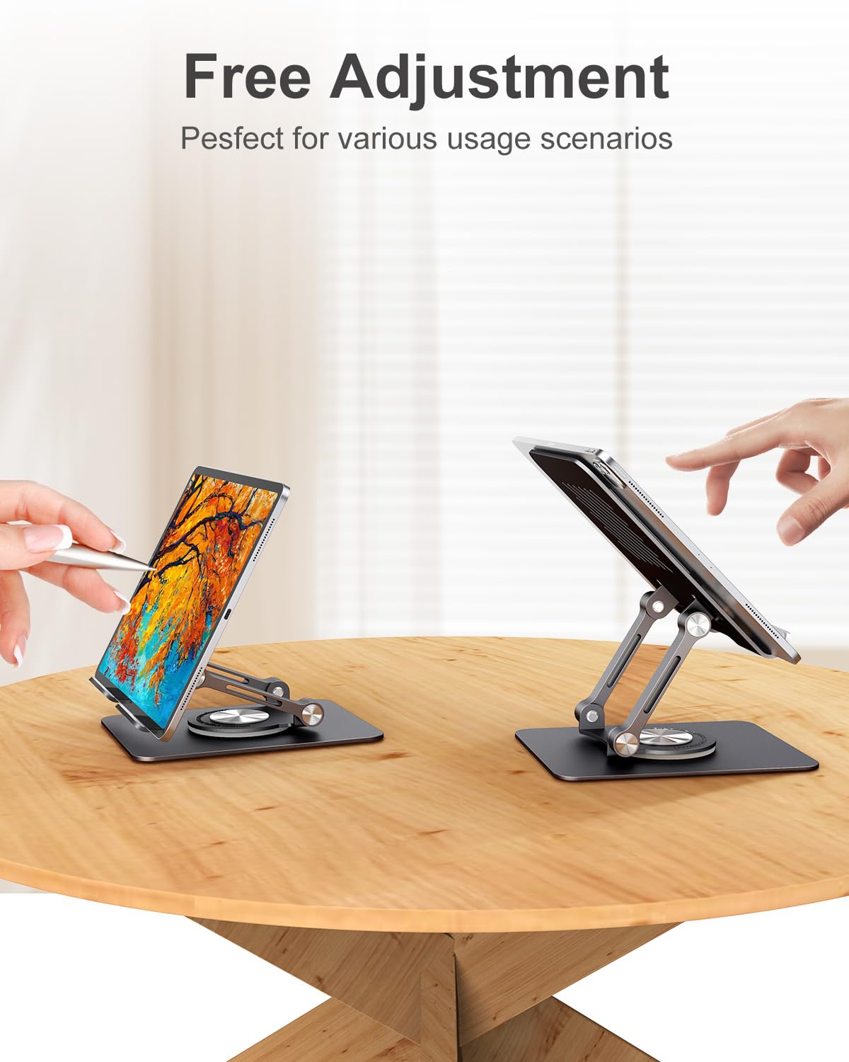 Swivel Tablet Stand with 360 Rotating Base, Adjustable & Foldable Tablet Holder, Compatible with iPad/Pro/Air/Mini, Tablets, iPhone 15 Pro, Switch and More 4.7"-12.9", Black/Silver