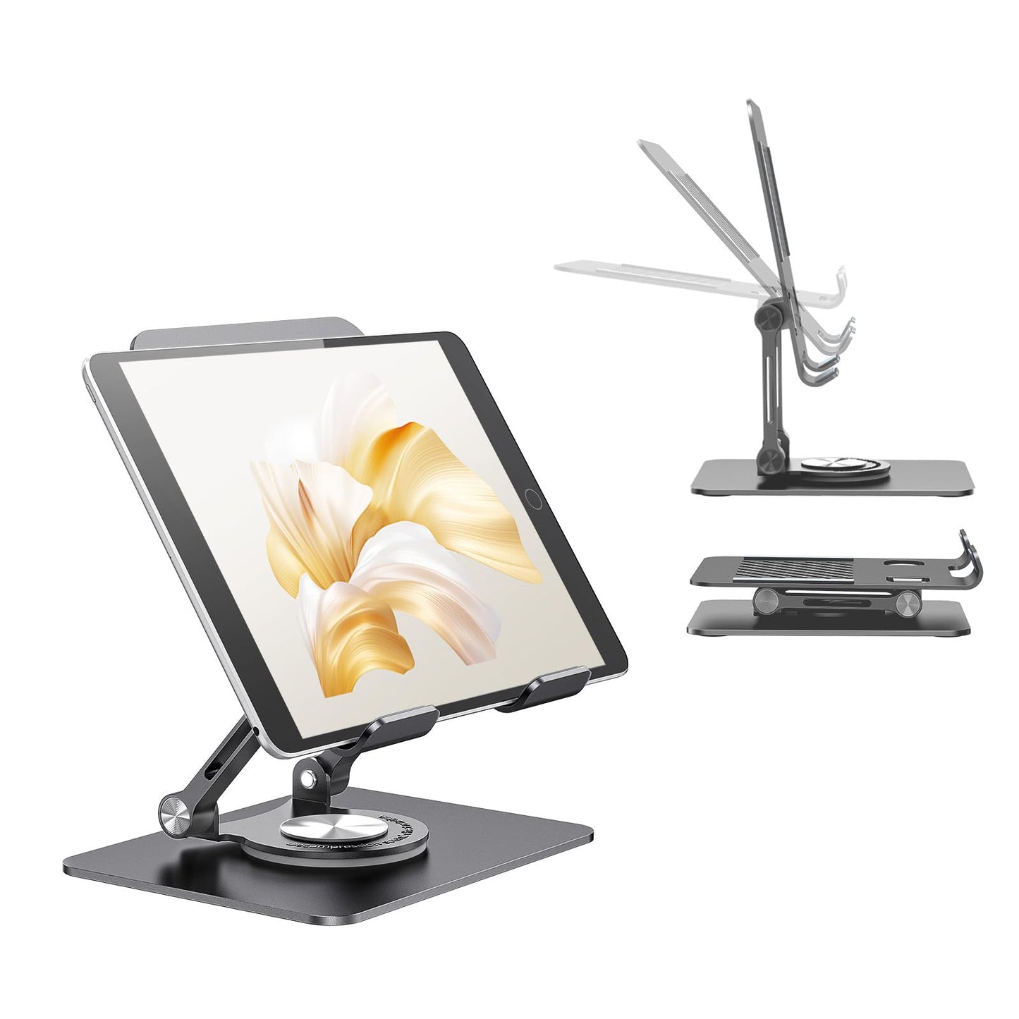 Swivel Tablet Stand with 360 Rotating Base, Adjustable & Foldable Tablet Holder, Compatible with iPad/Pro/Air/Mini, Tablets, iPhone 15 Pro, Switch and More 4.7"-12.9", Black/Silver