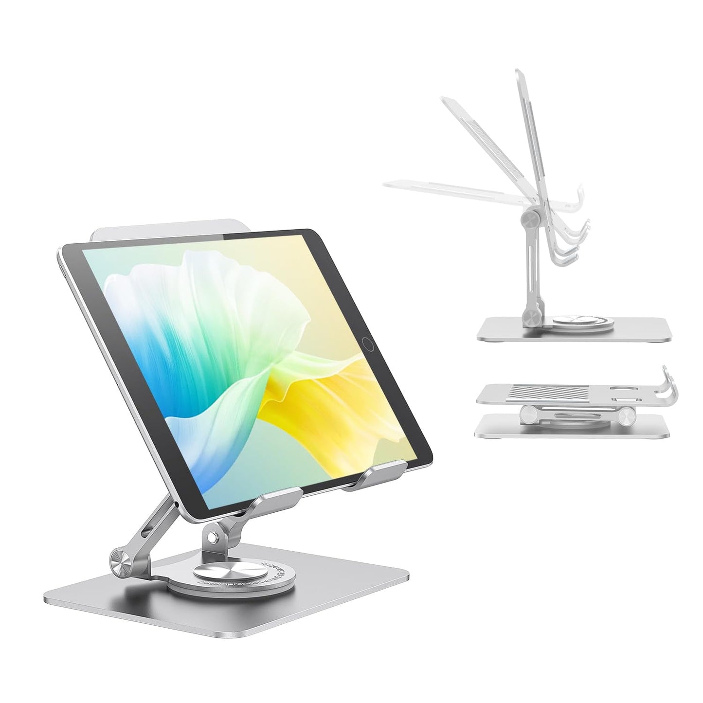 Swivel Tablet Stand with 360 Rotating Base, Adjustable & Foldable Tablet Holder, Compatible with iPad/Pro/Air/Mini, Tablets, iPhone 15 Pro, Switch and More 4.7"-12.9", Black/Silver