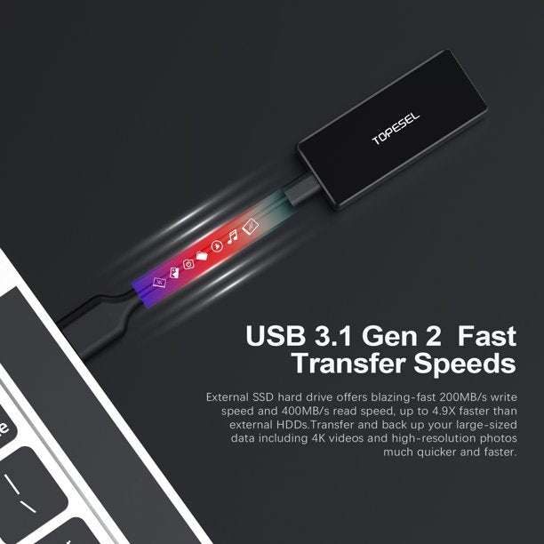 Topesel External SSD USB-C Portable SSD Up to 540MB/s USB 3.1 Portable Solid State Drive