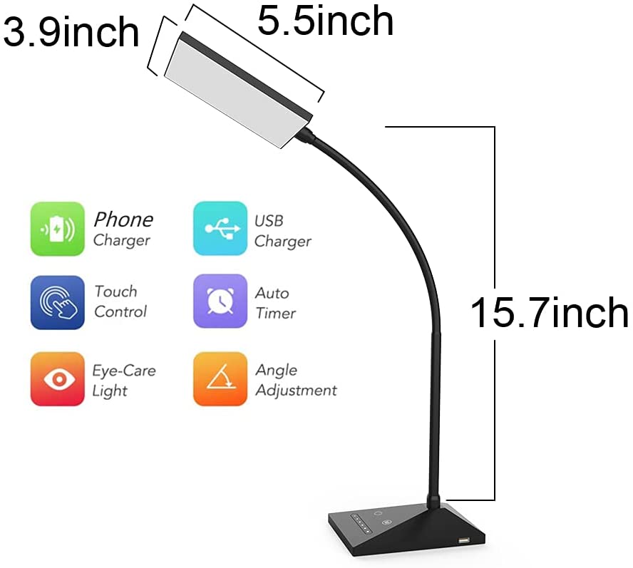 LED Desk Lamp with USB Charging Port, 7 Level Brightness, 5 Color Mode, Adjustable Gooseneck