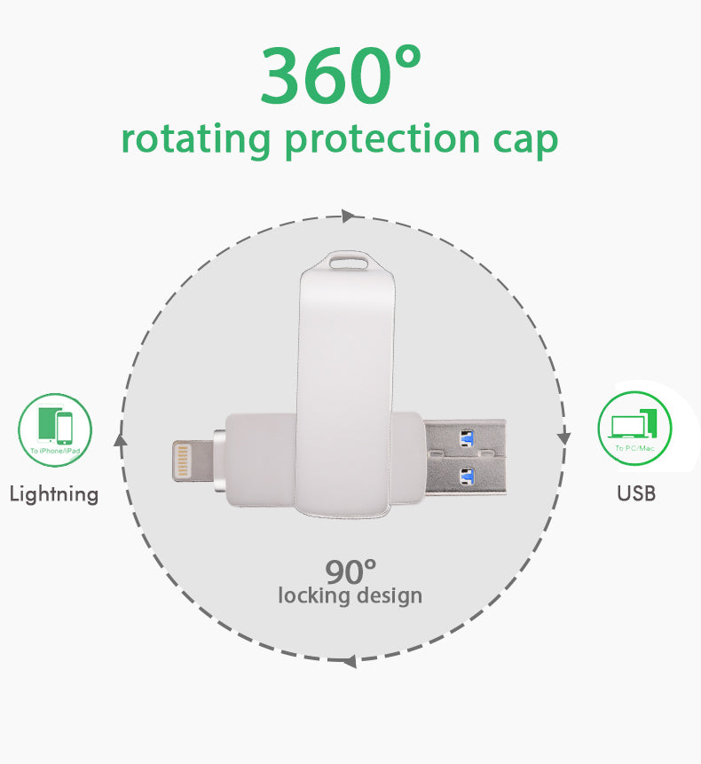 128GB 4-in-1 Swivel USB 3.0 Flash Drive with Lightning, Micro-USB, USB A Port, USB C Adapter