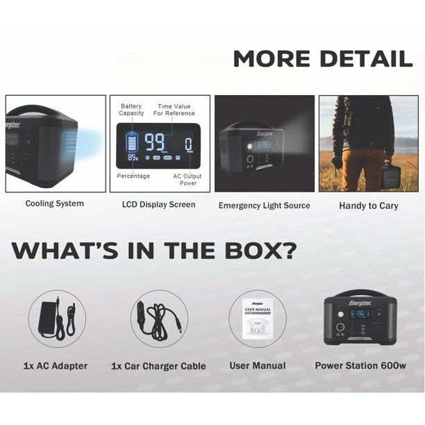 Energizer Portable Power Station 600W/626Wh Solar Generator with LED Flashlight, Multiple Charging Ports