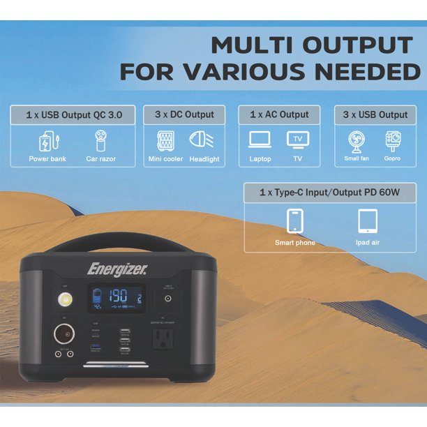 Energizer Portable Power Station 600W/626Wh Solar Generator with LED Flashlight, Multiple Charging Ports