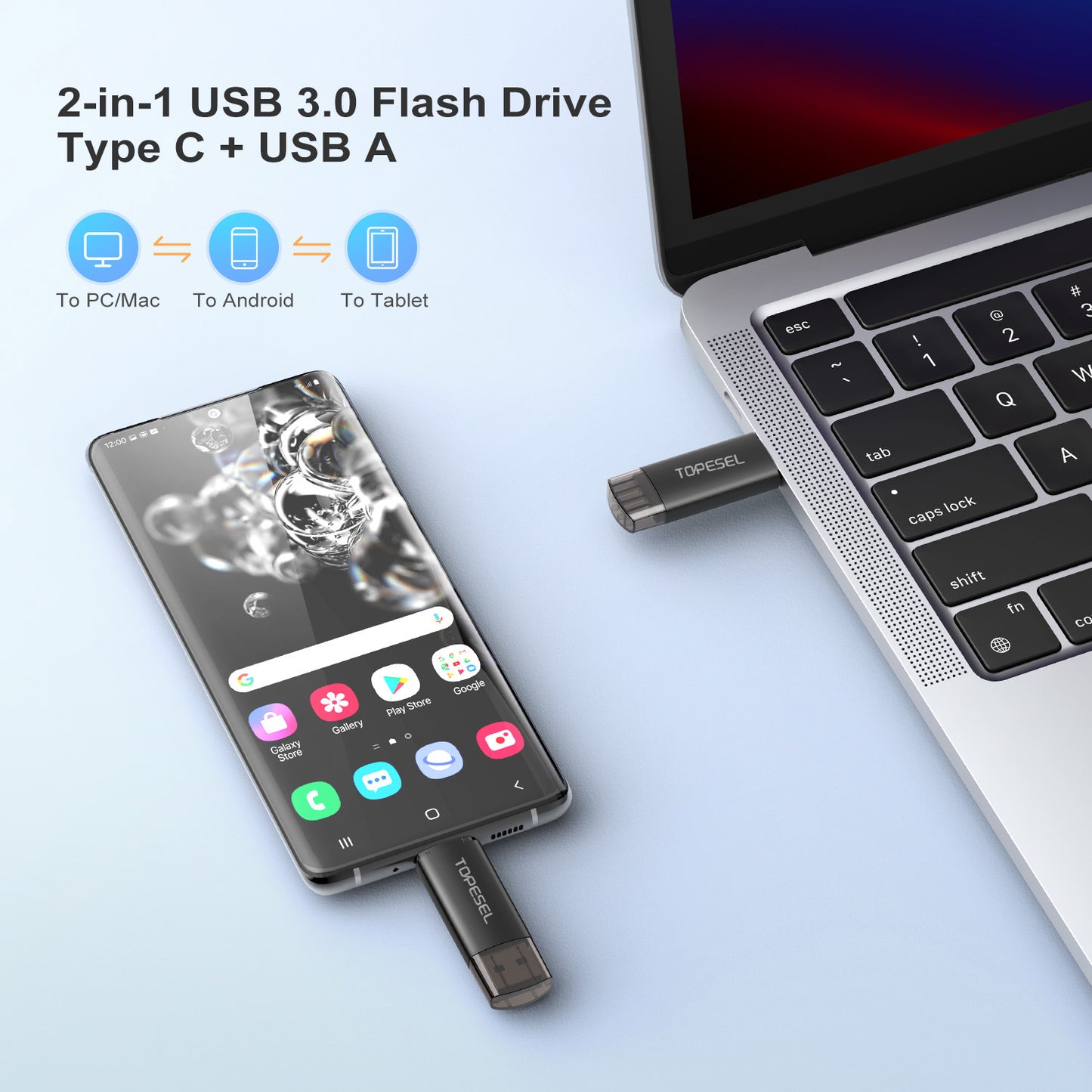 TOPESEL 128GB 2 Pack OTG USB 3.0 Flash Drive Type C & USB A Thumb Drive External Storage for Android Phone