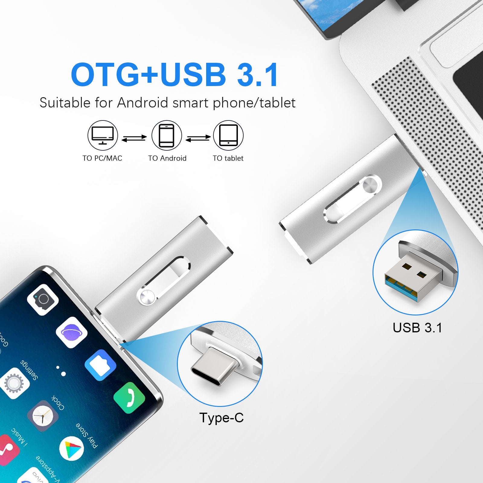 256GB USB 3.0 Flash Drive TOPESEL USB C Thumb Drive Fits for Android Phone Computer Photo Stick External Storage Silver