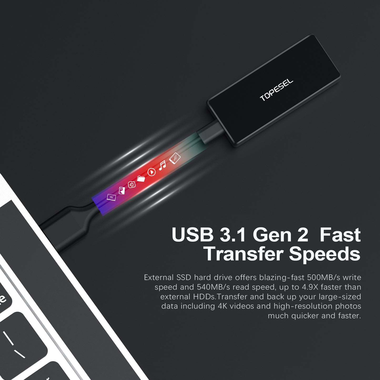 Topesel External SSD USB-C 3.1Mini Portable SSD Solid State Drive Up to 540MB/s