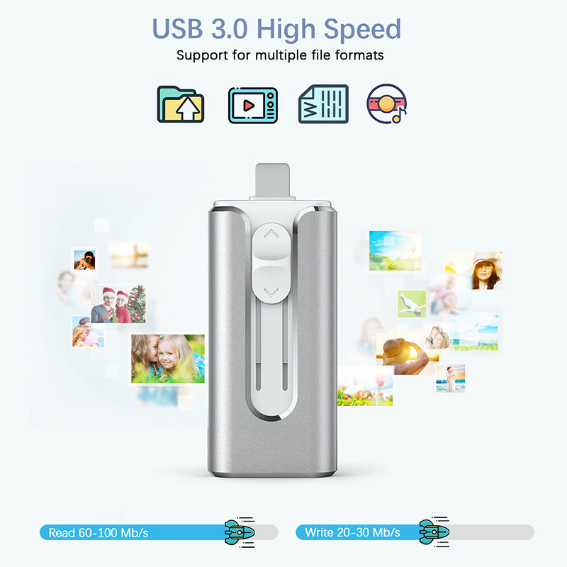 Topesel 128GB USB 3.0 Flash Drive, 3-In-1 Metal USB, for iphone External Storage, OTG Android Phone and Computer, Silver