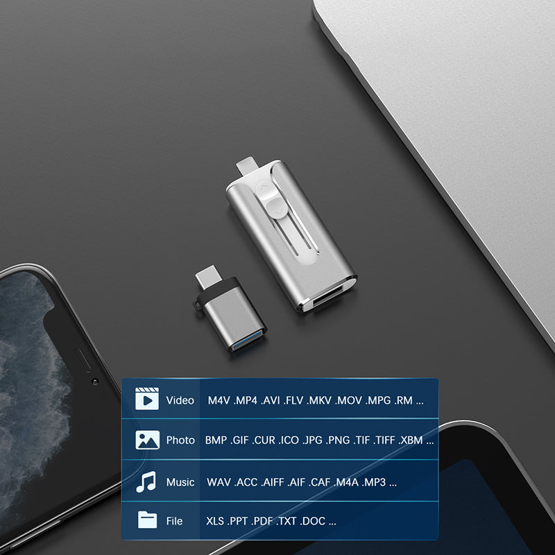 Topesel 128GB USB 3.0 Flash Drive, 3-In-1 Metal USB, for iphone External Storage, OTG Android Phone and Computer, Silver