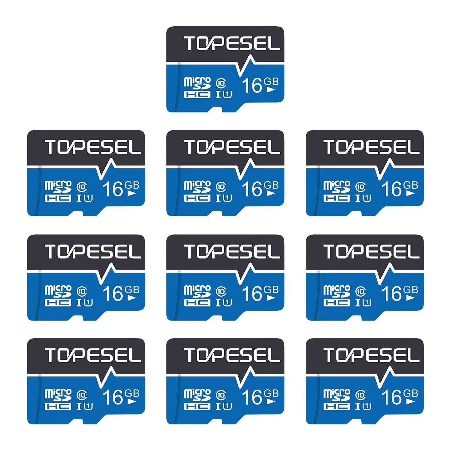 Topesel Micro SD Card with Adapter,10 Pack/16Gb,Class 10 UHS-I High Speed TF Card Memory Card for Phone/Camera-Blue