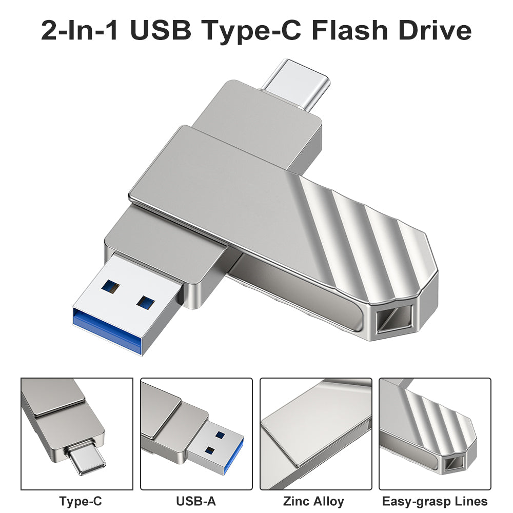 Flash Drive Dual USB 3.2 Type C Thumb Drive up to 450MB/s Portable Memory Stick Waterproof Metal USB C Pen Drive, Silver