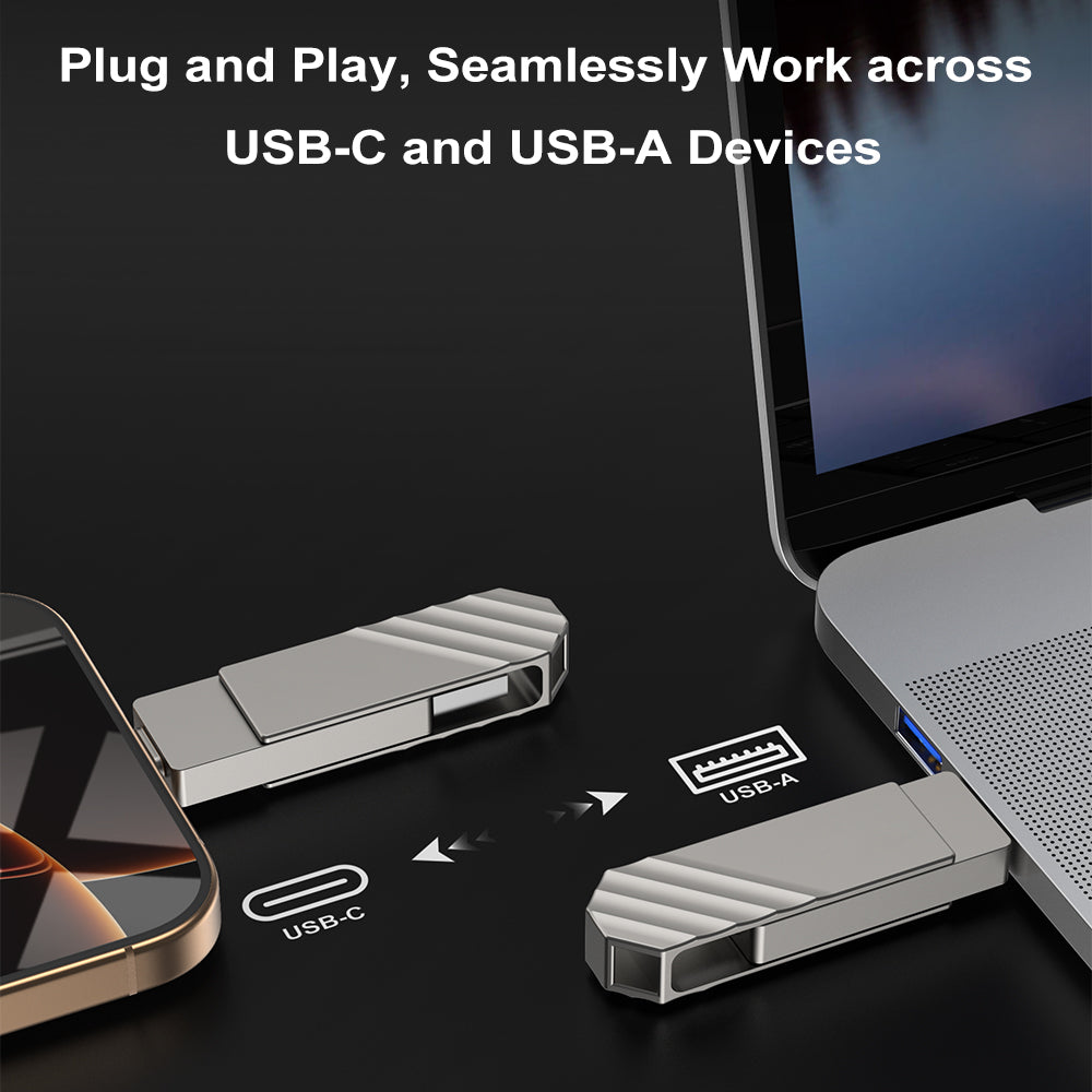 Flash Drive Dual USB 3.2 Type C Thumb Drive up to 450MB/s Portable Memory Stick Waterproof Metal USB C Pen Drive, Silver