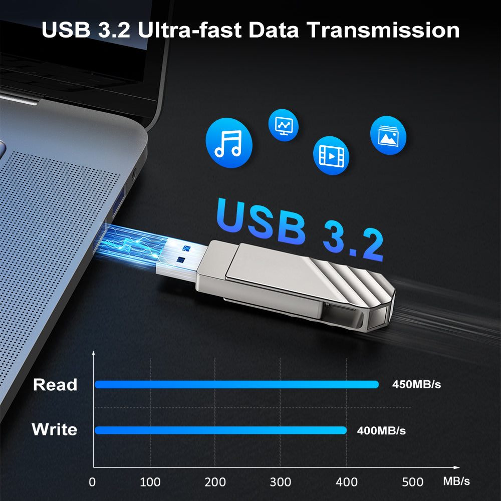 Flash Drive Dual USB 3.2 Type C Thumb Drive up to 450MB/s Portable Memory Stick Waterproof Metal USB C Pen Drive, Silver