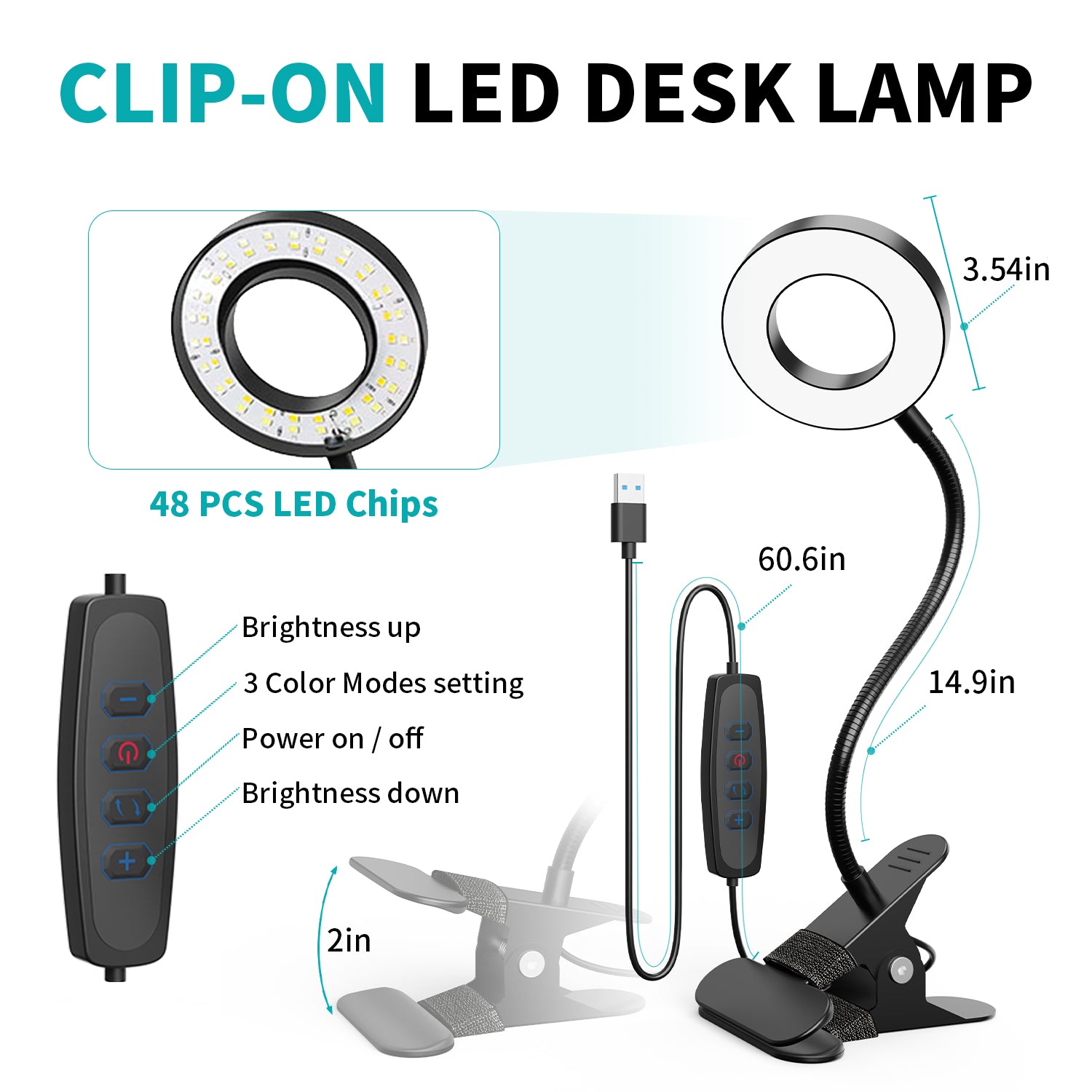 Clip on LED Desk Lamp 3 Color Modes Dimmable LED Light Adjustable Gooseneck Desk Lamp with Clamp USB Powerd LED Desk Lamp