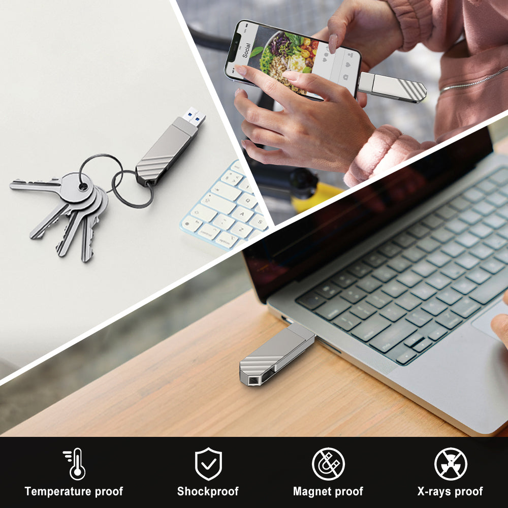 Flash Drive Dual USB 3.2 Type C Thumb Drive up to 450MB/s Portable Memory Stick Waterproof Metal USB C Pen Drive, Silver