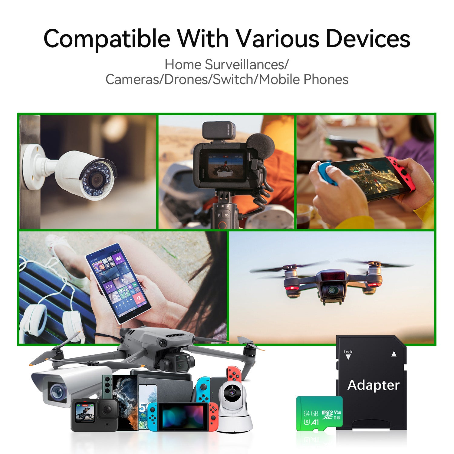 microSD Card 64GB Memory Card with Adapter - U3 A1 V30 TF Card for Smartphone/Tablet/Drone/Dash Cam/Nintendo Switch