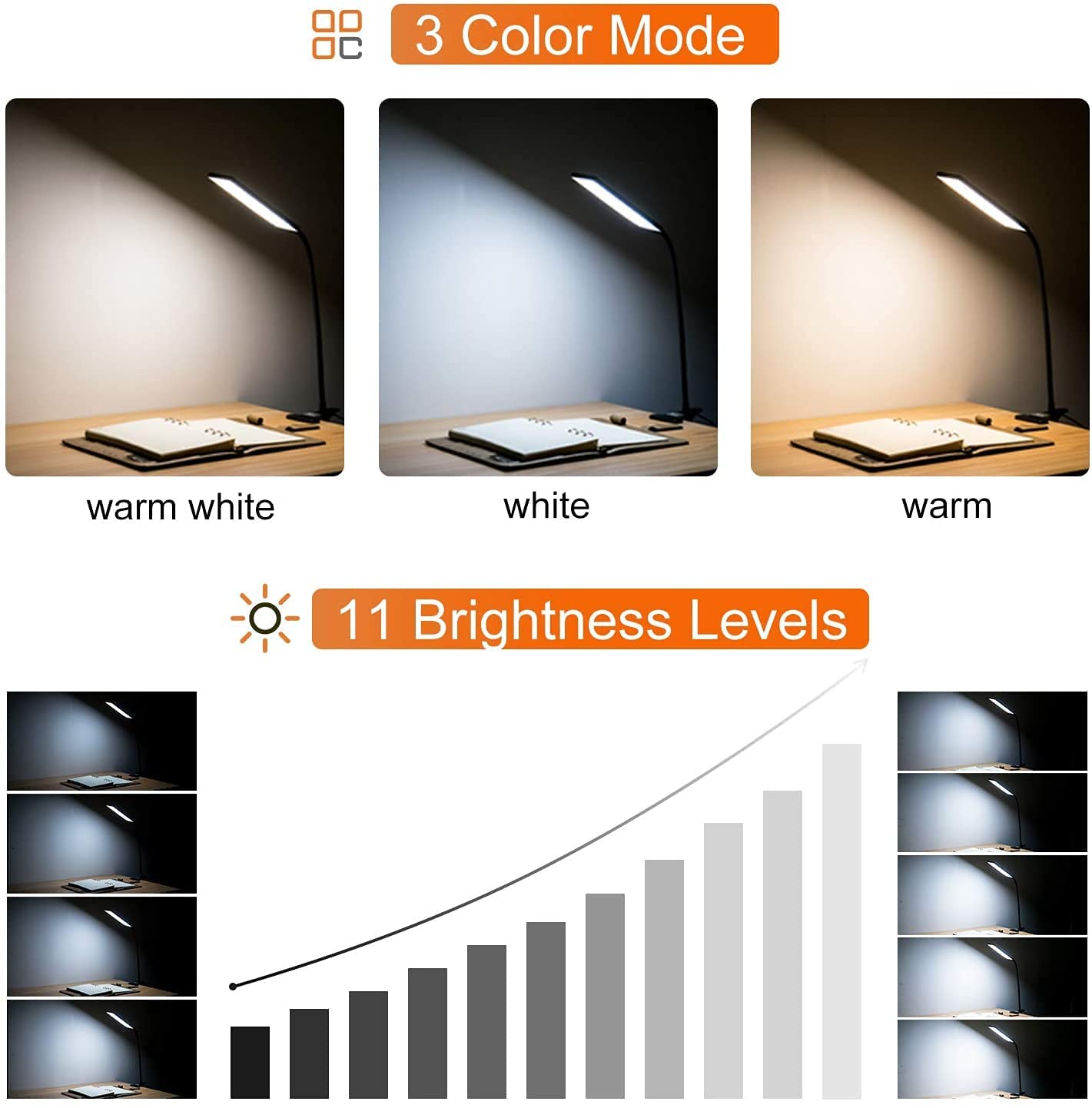 LED Desk Lamp with Clamp, 11 Level Brightness, 3 Color Mode, 360° Adjustable Gooseneck Lamp
