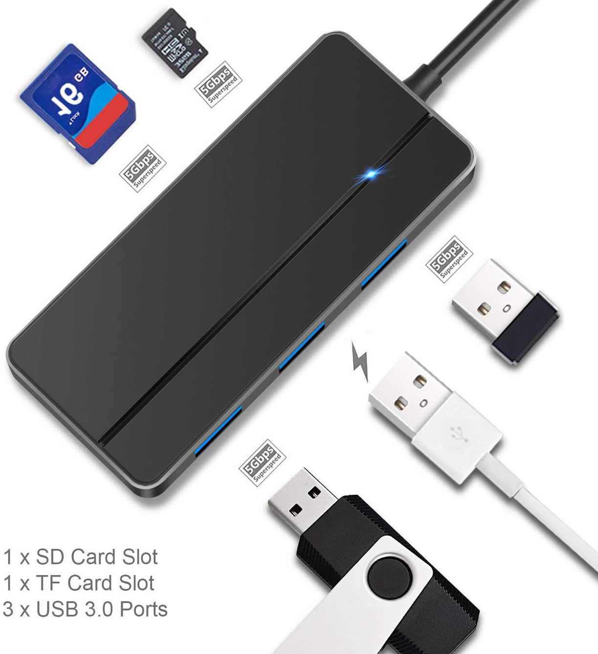5-in-1 USB 3.0 Hub with 3 USB 3.0 Ports and SD/TF Card Slot 5Gbps USB Splitter with LED