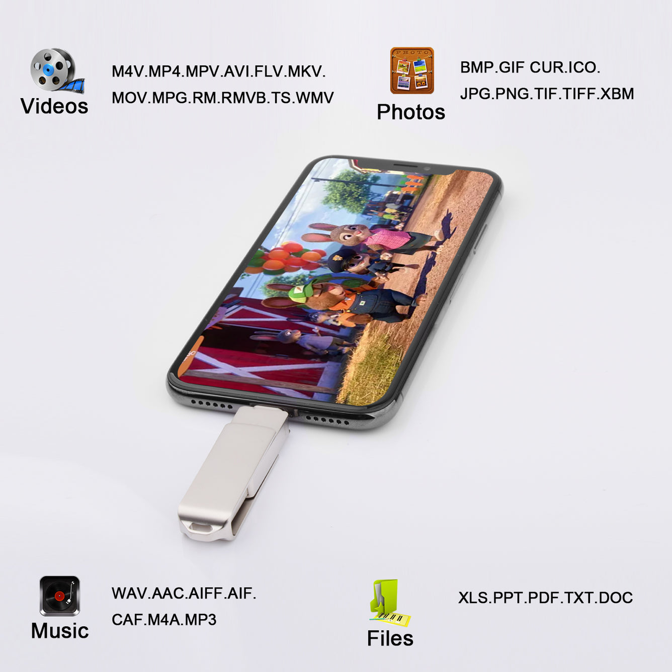 128GB 4-in-1 Swivel USB 3.0 Flash Drive with Lightning, Micro-USB, USB A Port, USB C Adapter