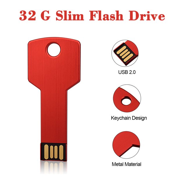 32G USB 2.0 Flash Drive TOPESEL Metal Key Shape Slim Thumb Drive Memory Stick Pen Drive Red